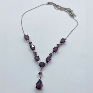 Vtg Sterling Raspberry Rhodolite Garnet Necklace 20” + 1” Drop